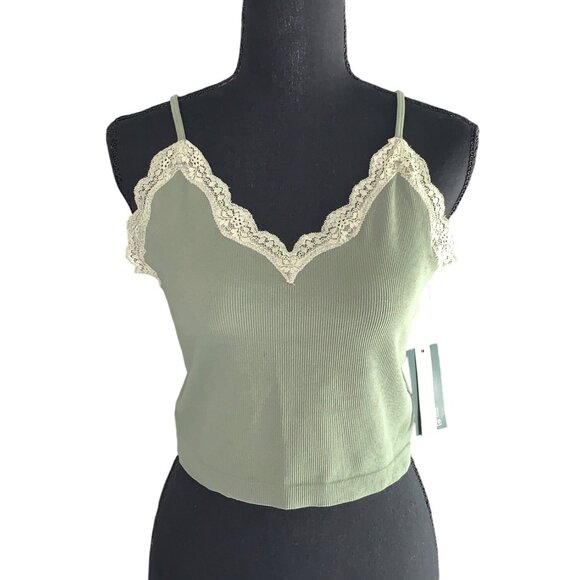 Wild Fable Junior Green Lace Trim Ribbed Crop Top With Adjustable Strap Size XXL - Picture 2 of 12